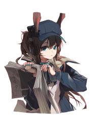 Rule 34 | 1girl, 9am9i, absurdres, amiya (arknights), amiya (newsgirl) (arknights), animal ear fluff, animal ears, arknights, black hat, black jacket, blue eyes, brown hair, cabbie hat, closed mouth, cropped torso, hair between eyes, hands up, hat, headphones, highres, holding, holding newspaper, jacket, jewelry, long hair, long sleeves, looking at viewer, newspaper, open clothes, open jacket, ponytail, puffy long sleeves, puffy sleeves, rabbit ears, ring, shirt, simple background, solo, upper body, very long hair, white background, white shirt