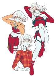 Rule 34 | 3boys, alternate costume, androgynous, bae (baebae), crop top, detached sleeves, garter straps, harness, highres, limited palette, lio fotia, loincloth, male focus, midriff, multiple boys, pelvic curtain, plaid, promare, shirt belt, shrug (clothing), thigh strap, trap