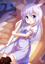 Rule 34 | 1girl, :d, animal ears, black thighhighs, blue bow, blue eyes, blue hair, blue sailor collar, blue skirt, blurry, blurry background, blush, bow, carousel, chinomaron, commentary request, depth of field, fake animal ears, gochuumon wa usagi desu ka?, hair between eyes, hair ornament, hairband, high-waist skirt, highres, kafuu chino, lace, lace-trimmed skirt, lace trim, long hair, looking at viewer, open mouth, pink hairband, puffy short sleeves, puffy sleeves, rabbit ears, sailor collar, shirt, short sleeves, signature, sitting, skirt, smile, solo, thighhighs, very long hair, white shirt, x hair ornament