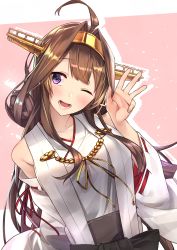 Rule 34 | 10s, 1girl, absurdres, ahoge, baffu, breasts, brown hair, commentary request, detached sleeves, double bun, hair bun, hairband, hand up, headgear, highres, japanese clothes, kantai collection, kongou (kancolle), kongou kai ni (kancolle), long hair, looking at viewer, medium breasts, nontraditional miko, one eye closed, open mouth, orange background, purple eyes, simple background, skirt, smile, solo, teeth, wide sleeves
