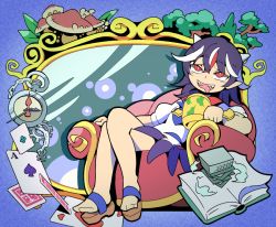 Rule 34 | 1girl, black hair, blush, book, card, club (shape), cone horns, full body, grey horns, heart, holding, horns, kijin seija, leaf, looking at viewer, miracle mallet, moyazou (kitaguni moyashi seizoujo), multicolored hair, mushroom, playing card, pocket watch, puffy short sleeves, puffy sleeves, red eyes, red hair, sandals, short sleeves, sitting, slit pupils, solo, spade (shape), streaked hair, tongue, tongue out, touhou, tree, watch, white hair