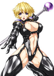 Rule 34 | 1girl, bad id, bad pixiv id, black thighhighs, blonde hair, blue eyes, breasts, center opening, cleavage, cleavage cutout, clothing cutout, cowboy shot, female focus, large breasts, leotard, looking at viewer, navel, open mouth, original, short hair, shoulder pads, simple background, smash daisaku, solo, staff, teeth, thighhighs, white background