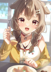 Rule 34 | 1girl, :d, animal collar, animal ears, blush, bone hair ornament, braid, breasts, brown hair, collar, collarbone, commentary request, dog ears, dog girl, fangs, food, fork, hair ornament, hand on table, highres, hiyorou, holding, holding fork, hololive, incoming food, indoors, inugami korone, inugami korone (1st costume), jacket, long hair, long sleeves, looking at viewer, medium breasts, off shoulder, open mouth, plate, red eyes, shirt, smile, solo, twin braids, virtual youtuber, white shirt, yellow jacket