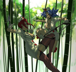 Rule 34 | 2girls, bamboo, bamboo forest, between fingers, blue hair, breasts, choker, christmas (skullgirls), commentary, cross, dappled sunlight, dual wielding, eu03, eyepatch, fighting stance, forest, garter straps, gloves, hair over one eye, hat, holding, large breasts, latex, latex gloves, long hair, multiple girls, nature, nurse, nurse cap, ponytail, red cross, red eyes, red hair, saw, scalpel, see-through, see-through legwear, short hair, skullgirls, sunlight, thighhighs, valentine (skullgirls), white gloves