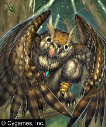 Rule 34 | 1boy, animal feet, bird legs, brown feathers, brown hair, brown wings, claws, cygames, feather necklace, feathered wings, feathers, full body, harpy boy, ishibashi yosuke, jewelry, leaf, light rays, looking at viewer, male focus, mask, monster boy, neck fur, necklace, outdoors, owl boy, shadowverse, solo, squatting, sunbeam, sunlight, talons, tree, winged arms, wings, yellow eyes