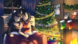 Rule 34 | 2girls, :3, animal ear fluff, animal ears, artist name, bare arms, bare shoulders, black choker, black hair, box, breasts, cat ears, cat girl, cat tail, choker, christmas, christmas stocking, christmas tree, closed eyes, commentary, commission, curtains, english commentary, fire, fireplace, gift, gift box, hair between eyes, hair ornament, hairclip, halterneck, high ponytail, highres, holding hands, indoors, interlocked fingers, long hair, long sleeves, medium breasts, multiple girls, night, original, single sleeve, sitting, sleeping, smile, snow, snowing, tail, takuyarawr, watch, window, wristwatch, yuri