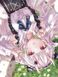 1girl black_skirt blue_ribbon blush bow bug butterfly center_frills clothing_cutout clover collared_shirt dutch_angle facing_viewer frilled_hairband frilled_shirt frilled_shirt_collar frills futsuushi gradient_hair hair_bow hairband high-waist_skirt highres holding holding_clover hololive horns insect lolita_fashion lolita_hairband long_hair lying multicolored_hair nakiri_ayame nakiri_ayame_(girly) neck_ribbon on_back oni parted_lips red_eyes red_hair ribbon shirt shoulder_cutout sideways_glance skin-covered_horns skirt sleeve_cuffs smile solo streaked_hair suspender_skirt suspenders virtual_youtuber white_hair white_shirt