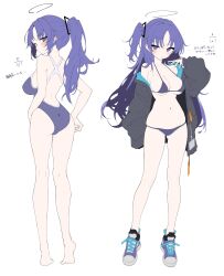 Rule 34 | 1girl, alternate costume, ass, back cutout, bikini, black bikini, blue archive, blush, breasts, clothing cutout, competition swimsuit, full body, harenchi, highres, jacket, long hair, looking at viewer, looking back, medium breasts, multiple views, one-piece swimsuit, open clothes, open jacket, ponytail, purple eyes, purple hair, purple one-piece swimsuit, simple background, string bikini, swimsuit, translation request, two-sided fabric, two-sided jacket, two side up, very long hair, white background, yuuka (blue archive)
