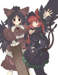 2girls :d alternate_costume animal_ears bird_wings black_dress black_hair black_pantyhose blunt_bangs blush bow braid brown_dress brown_eyes cat_ears cat_tail dress feathered_wings frills hair_bow highres kaenbyou_rin looking_at_viewer multiple_girls multiple_tails open_mouth pantyhose ponytail red_eyes red_hair reiuji_utsuho simple_background slit_pupils smile tail third_eye touhou twin_braids two_tails veloexotica wings