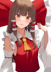 Rule 34 | 1girl, ascot, blunt bangs, blush, breasts, brown eyes, brown hair, collarbone, detached sleeves, frilled hair tubes, frills, hair tubes, hakurei reimu, highres, long hair, long sleeves, looking at viewer, open mouth, paso neko, red shirt, ribbon-trimmed sleeves, ribbon trim, shirt, sideboob, simple background, sleeveless, sleeveless shirt, small breasts, solo, touhou, upper body, white background, white sleeves, wide sleeves, yellow ascot