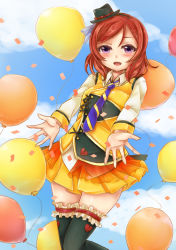 Rule 34 | 1girl, artist request, black thighhighs, earrings, female focus, hat, heart, jewelry, looking at viewer, love live!, love live! school idol project, mini hat, nishikino maki, purple eyes, red hair, smile, solo, spade (shape), spade earrings, sunny day song, thighhighs
