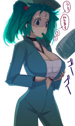 Rule 34 | 1girl, aqua hair, blue eyes, blush, breast lift, breasts, cleavage, cucumber, female focus, gustav (telomere na), hair bobbles, hair ornament, hat, huge breasts, jumpsuit, kawashiro nitori, large breasts, mouth hold, open clothes, open shirt, sarashi, shirt, solo, touhou, twintails, two side up