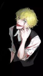 Rule 34 | 1boy, blonde hair, blood, blood on clothes, blood on face, collared shirt, daniel (i became a god in a horror game), green eyes, highres, i became a god in a horror game, long sleeves, looking at viewer, male focus, middle finger, shirt, short hair, solo, tongue, tongue out