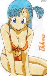 Rule 34 | 1990s (style), 1girl, :|, aqua hair, arm support, bare shoulders, bikini, blue eyes, blue hair, blunt bangs, breasts, bulma, character name, cleavage, closed mouth, collarbone, dated, dragon ball, expressionless, front-tie bikini top, front-tie top, gradient background, hair tie, leaning forward, legs together, long hair, looking at viewer, matching hair/eyes, medium breasts, navel, one side up, orange bikini, retro artstyle, simple background, sitting, solo, straight hair, swimsuit, traditional media, white background, worson, yokozuwari