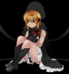 Rule 34 | 2girls, adapted costume, aoshima, back-to-back, bare shoulders, bat wings, black dress, black footwear, blonde hair, boots, breasts, commentary request, dress, frilled dress, frilled sleeves, frills, frown, full body, hair between eyes, hair ribbon, highres, looking to the side, medium breasts, multiple girls, pouty lips, red eyes, remilia scarlet, ribbon, rumia, short hair, silhouette, sitting, sleeveless, sleeveless dress, sulking, thighs, touhou, wings