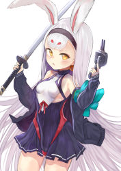 Rule 34 | 1girl, azur lane, black coat, blunt bangs, coat, commentary request, dual wielding, highres, holding, holding sword, holding weapon, katana, long hair, long sleeves, looking at viewer, machinery, mg42cat-k1ng, off-shoulder coat, off shoulder, parted lips, shimakaze (azur lane), sidelocks, simple background, solo, sword, thick eyebrows, turret, weapon, white background, white hair, yellow eyes