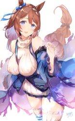 Rule 34 | 1girl, absurdres, animal ears, bare shoulders, between breasts, blue bow, blue eyes, bow, braid, braided ponytail, breasts, brown hair, covered erect nipples, dress, ear covers, highres, horse ears, horse girl, horse tail, large breasts, long hair, low-tied long hair, purple shirt, ribbed sweater, scrunchie, shirt, sleeveless, sleeveless sweater, solo, strap between breasts, super creek (umamusume), sweater, sweater dress, tail, thighhighs, tomochi (tmc tmc8), turtleneck, turtleneck sweater, umamusume, white background, white sweater