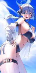Rule 34 | 1girl, absurdres, ako (blue archive), bare shoulders, bikini, blue archive, blue bikini, blue collar, blue eyes, blue hair, blush, breasts, collar, hair between eyes, hairband, halo, highres, large breasts, long hair, open clothes, open shirt, sbgu, shirt, sideboob, solo, swimsuit, thigh strap, white shirt