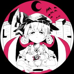 Rule 34 | bat (animal), bow, breasts, bright pupils, building, crosshatching, cup, hat, hatching (texture), jewelry, lcz, looking down, mob cap, monochrome, moon, pink background, pink theme, pointy ears, pout, remilia scarlet, round image, saucer, short sleeves, solo, teacup, touhou, upper body, vampire, white pupils, wings