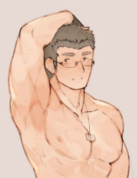 Rule 34 | 1boy, abs, alternate costume, arm up, armpits, bad id, bad pixiv id, bara, black hair, brown hair, chataro1412, completely nude, glasses, jewelry, large pectorals, looking at viewer, male focus, muscular, muscular male, necklace, nipples, nude, pectorals, rimless eyewear, motoori shiro, short hair, solo, sweat, thick eyebrows, tokyo houkago summoners, upper body