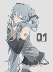 Rule 34 | 1girl, absurdres, aqua eyes, aqua hair, arm tattoo, azuki (ckxs7444), bare shoulders, black skirt, black thighhighs, character name, collared shirt, commentary, cowboy shot, detached sleeves, grey background, grey shirt, hair ornament, hand in own hair, hands in hair, hatsune miku, highres, holding, holding own hair, long hair, looking at viewer, number tattoo, shirt, skirt, sleeveless, sleeveless shirt, solo, tattoo, thighhighs, twintails, very long hair, vocaloid, white background