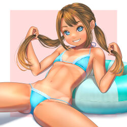 Rule 34 | 1girl, bikini, blue bikini, blue eyes, brown hair, commentary request, flat chest, frilled bikini, frills, grin, highres, holding, holding hair, innertube, long hair, low twintails, original, pink background, smile, solo, spread legs, swim ring, swimsuit, tan, tanline, twintails, two-tone background, uzuki mei