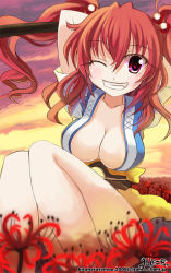 Rule 34 | 1girl, breasts, cleavage, fang, fangs, female focus, flower, grin, kitahara tomoe (kitahara koubou), large breasts, one eye closed, onozuka komachi, purple eyes, red hair, smile, solo, spider lily, sunset, touhou, twintails, two side up, wink