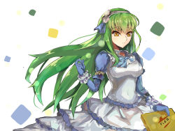 Rule 34 | 1girl, blue gloves, blue ribbon, c.c., code geass, dress, floating hair, flower, frilled dress, frills, gloves, green hair, grey flower, grey hairband, grey rose, hair flower, hair ornament, hair ribbon, hairband, highres, holding, layered dress, lens flare, lingyan heiye, long hair, long sleeves, pizza box, ribbon, rose, simple background, sketch, solo, standing, very long hair, white background, white dress, yellow eyes