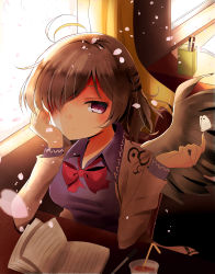 Rule 34 | 1girl, absurdres, angel wings, book, brown hair, bug, butterfly, butterfly on hand, cup, curtains, drinking straw, hair over one eye, highres, indo (mdtanaka2007), bug, jacket, kishin sagume, long sleeves, looking at viewer, open clothes, open jacket, pen, petals, purple eyes, purple hair, single wing, sitting, solo, table, touhou, window, wings