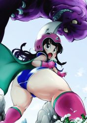 Rule 34 | 1girl, 1other, absurdres, aged down, armor, ass, ass focus, bikini, bikini armor, black eyes, black hair, blue bikini, blush, breastplate, breasts, chi-chi (dragon ball), dinosaur, dragon ball, dragon ball (classic), flower, gloves, gluteal fold, helmet, highres, huge ass, kyuugata, legs apart, long hair, looking at another, looking back, open mouth, pink gloves, plump, saliva, sharp teeth, shiny skin, sideboob, sky, small breasts, standing, surprised, sweat, sweatdrop, swimsuit, teeth, thick thighs, thighs, wide hips