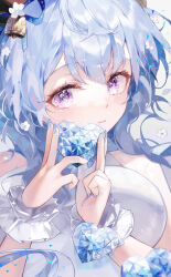 Rule 34 | 1girl, absurdres, alternate costume, bell, blue hair, blue nails, breasts, closed mouth, commentary, cowbell, crystal, dress, english commentary, expressionless, eyelashes, flower, ganyu (genshin impact), gem, genshin impact, glint, grey background, hair bell, hair flower, hair ornament, heart-shaped gem, highres, holding, holding gem, jenil, light blue hair, long hair, looking at viewer, medium breasts, nail polish, purple eyes, simple background, sleeveless, sleeveless dress, solo, upper body, white dress, wrist cuffs