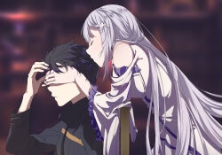 Rule 34 | 1boy, 1girl, bare shoulders, black hair, blurry, blurry background, breasts, closed eyes, clothing cutout, comforting, covered eyes, covering another&#039;s eyes, dress, emilia (re:zero), from side, hair ornament, highres, indoors, isoooo, jacket, leaning on object, long hair, long sleeves, medium breasts, natsuki subaru, on chair, open mouth, re:zero kara hajimeru isekai seikatsu, short hair, shoulder cutout, sitting, track jacket, upper body, white hair, wide sleeves, x hair ornament