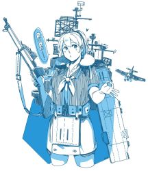 Rule 34 | 1girl, aircraft, blue theme, bolt action, breasts, cropped legs, flight deck, gun, heart, holding, holding gun, holding weapon, intrepid (kancolle), kantai collection, m1903 springfield, monochrome, neck pillow, ok sign, ponytail, pouch, rifle, rigging, shirt, short sleeves, simple background, skirt, solo, weapon, weidashming
