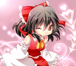 Rule 34 | 1girl, ascot, bare shoulders, blowing kiss, bow, brown hair, detached sleeves, female focus, hair bow, hair tubes, hakurei reimu, japanese clothes, long hair, midriff, miko, nagare, navel, one eye closed, pink background, puckered lips, solo, touhou, wink