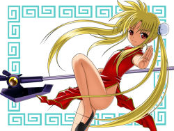 Rule 34 | 00s, 1girl, 40010prototype, axe, bardiche (device form) (nanoha), bardiche (nanoha), black footwear, blonde hair, bun cover, china dress, chinese clothes, double bun, dress, fate testarossa, female focus, hair bun, long hair, looking at viewer, lyrical nanoha, mahou shoujo lyrical nanoha, no panties, red dress, red eyes, shoes, short sleeves, side slit, skirt, smile, solo, standing, standing on one leg, twintails, very long hair, weapon, white background