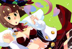 Rule 34 | 1girl, armor, black headwear, blunt bangs, blush, bob cut, bow, bowtie, bra, breasts, brown bra, brown hair, brown skirt, brown thighhighs, cape, commentary request, cowboy shot, flask, genetic (ragnarok online), green background, green eyes, hairband, hat, holding, living clothes, medium breasts, open mouth, otsuki (tm3n), pauldrons, potion, ragnarok online, red bow, red bowtie, red cape, red hairband, round-bottom flask, short hair, shoulder armor, skirt, solo, teeth, thighhighs, tongue, top hat, underwear