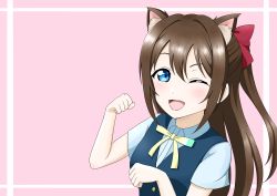 Rule 34 | 1girl, ;), absurdres, animal ears, aqua eyes, aqua shirt, artist name, artist request, black vest, blue eyes, blush, border, bow, breasts, brown hair, buttons, cat ears, clenched hands, collared shirt, female focus, hair between eyes, hair bow, highres, long hair, looking at viewer, love live!, love live! nijigasaki high school idol club, nijigasaki school uniform, one eye closed, osaka shizuku, parted lips, pink background, ponytail, red bow, ribbon, school uniform, shirt, short sleeves, small breasts, smile, solo, sweater vest, upper body, vest, white border, white shirt, wink, yellow buttons, yellow neckwear, yellow ribbon
