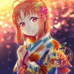 Rule 34 | 10s, 1girl, ahoge, blurry, bokeh, dated, depth of field, hair ornament, happy birthday, japanese clothes, kimono, long sleeves, looking at viewer, love live!, love live! sunshine!!, orange hair, own hands together, pouch, red eyes, rymerge, short hair, smile, solo, sparkle, sunset, takami chika, upper body