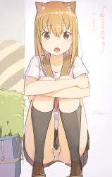 Rule 34 | 1girl, animal ears, bag, blonde hair, brown eyes, cat ears, cloba, collarbone, commentary request, hair between eyes, hugging own legs, knees together feet apart, loafers, long hair, moaning, open mouth, original, panties, pantyshot, plaid, plaid skirt, school bag, school uniform, serafuku, shirt, shoes, short sleeves, sitting, skirt, slit pupils, socks, solo, squatting, striped clothes, striped panties, translation request, underwear, white shirt