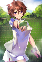 Rule 34 | 1girl, ball, brown hair, female focus, lowres, outdoors, outstretched arms, pleated skirt, purple eyes, racket, short hair, skirt, sky, solo, playing sports, sportswear, striped, sword girls, tennis, tennis ball, tennis uniform, tree, wristband