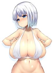 Rule 34 | 1girl, blue eyes, blush, bottomless, breast suppress, breasts, cleavage, closed mouth, curvy, hair between eyes, highres, huge breasts, looking away, looking to the side, medium hair, navel, oppai loli, original, short hair, silver hair, simple background, solo, stomach, watari1118, white background, wide hips