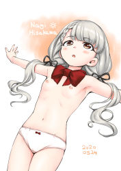 Rule 34 | 1girl, bow, bowtie, braid, breasts, commentary request, grey hair, hamao, highres, hisakawa nagi, idolmaster, idolmaster cinderella girls, long hair, looking up, low twintails, navel, nipples, outstretched arms, panties, red bow, red bowtie, red eyes, simple background, small breasts, solo, topless, twintails, underwear, underwear only, white panties