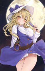 Rule 34 | 1girl, absurdres, arm behind back, blonde hair, blush, bow, breasts, clothes lift, collared shirt, commission, cowboy shot, dress, dress lift, full moon, hand fan, hand up, hat, hat bow, highres, hip focus, holding, holding fan, large breasts, long hair, long sleeves, looking at viewer, looking down, moon, night, night sky, orchid (orukido), outdoors, pixiv commission, purple bow, purple dress, shirt, sky, smile, solo, star (sky), starry sky, thigh gap, thighs, touhou, very long hair, watatsuki no toyohime, white hat, white shirt, yellow eyes