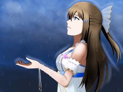 Rule 34 | 1girl, anata no risou no heroine, aqua bow, aqua eyes, arm garter, arm ribbon, artist name, artist request, blue eyes, blush, bow, bracelet, breasts, brown hair, cleavage, cloud, collarbone, cross-laced clothes, cross-laced dress, day, dress, drop earrings, earrings, female focus, flower, flower bracelet, frilled dress, frilled straps, frills, grey sky, hair between eyes, hair bobbles, hair bow, hair ornament, hairclip, halter dress, halterneck, highres, jewelry, long hair, looking at viewer, love live!, love live! nijigasaki high school idol club, love live! school idol festival, medium breasts, necklace, osaka shizuku, outdoors, parted lips, pearl bracelet, pearl necklace, pink flower, pleated dress, ponytail, puffy short sleeves, puffy sleeves, purple flower, purple rose, rain, ribbon, rose, see-through, see-through dress, shell hair ornament, short sleeves, sideboob, sky, smile, solo, star (symbol), star hair ornament, striped, teeth, upper body, vertical stripes, wet, wet clothes, wet dress, wet hair, white bow, white dress, wrist flower