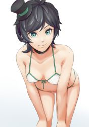 Rule 34 | 1girl, ahoge, bikini, black hair, breasts, choker, cowboy shot, front-tie top, green eyes, hat, highres, kantai collection, kuroi ani, leaning forward, looking at viewer, matsukaze (kancolle), mini hat, mini top hat, short hair, simple background, small breasts, smile, solo, swept bangs, swimsuit, top hat, wavy hair, white background, white bikini