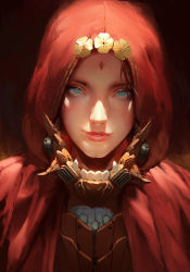 Rule 34 | 1girl, armor, breastplate, brown hair, cape, eyelashes, facial mark, flower ornament, gold trim, grey eyes, highres, hood, lips, looking at viewer, nose, original, parted lips, portrait, realistic, red cape, smile, smirk, solo, son trinh