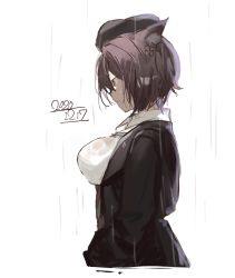 Rule 34 | 1girl, animal ears, arknights, black headwear, black jacket, breasts, collared shirt, commentary, cropped torso, dated, dur-nar (arknights), fox ears, highres, jacket, large breasts, looking down, one-hour drawing challenge, open clothes, open jacket, purple eyes, purple hair, rain, shirt, short hair, solo, standing, upper body, wet, white background, white shirt, zellam