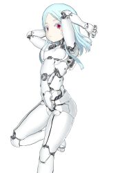Rule 34 | 1girl, absurdres, android, blue hair, breasts, colored eyelashes, expressionless, foot out of frame, highres, humanoid robot, joints, light blue hair, looking at viewer, mechanical parts, medium hair, original, parted bangs, red eyes, robot, robot joints, small breasts, solo, user rgcc3848, white background