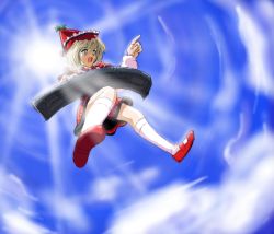 Rule 34 | 1girl, blonde hair, cloud, day, female focus, floating, hat, instrument, keyboard, keyboard (instrument), lyrica prismriver, outdoors, red hat, sky, solo, touhou