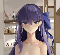 Rule 34 | 1girl, bare shoulders, blue eyes, blue ribbon, blush, breasts, collarbone, earrings, fate/grand order, fate (series), hair ribbon, highres, jewelry, long hair, looking at viewer, meltryllis (fate), obazzotto, purple hair, ribbon, small breasts, solo, very long hair